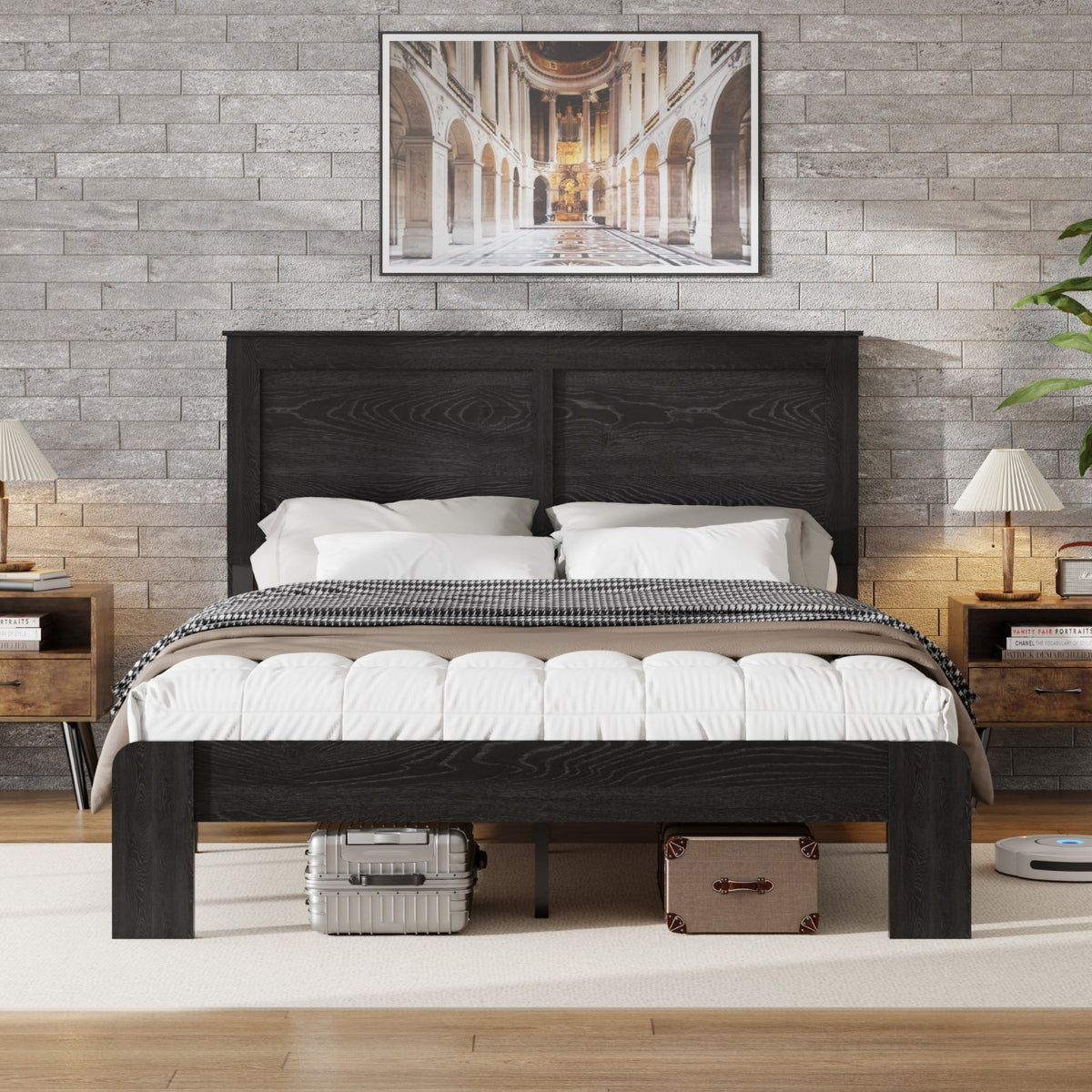 Tulib Queen Wood Bed Frame with Headboard, Farmhouse Platform Bed, Noise-Free, Easy Assembly, No Box Spring Needed, Black