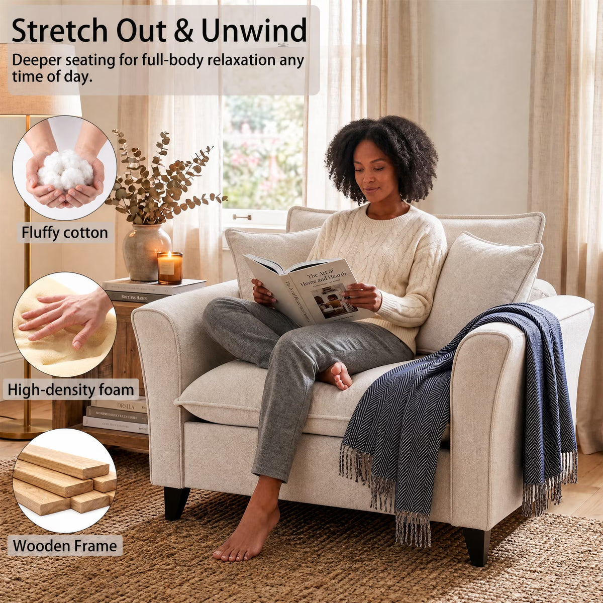 Tulib 46.5" Reading Chair, Chenille Accent Chair for Living Room Bedroom Office and Small Spaces, Modern Armchair with Pillows for Adults, Beige