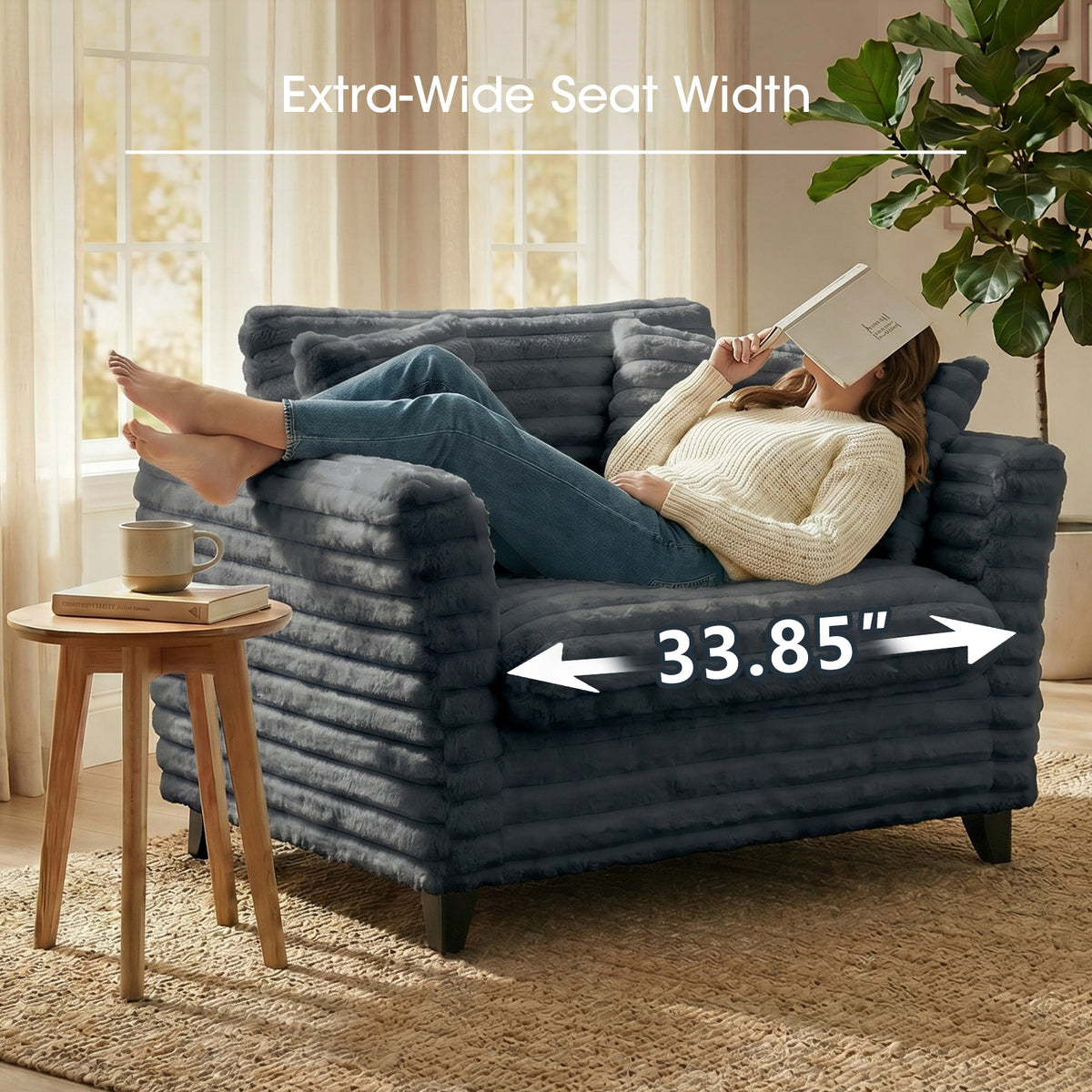 Tulib 46.5" Accent Chair, Corduroy Reading Chair with Pillows, Modern Arm Chair for Living Room Bedroom Office and Apartment, Gray