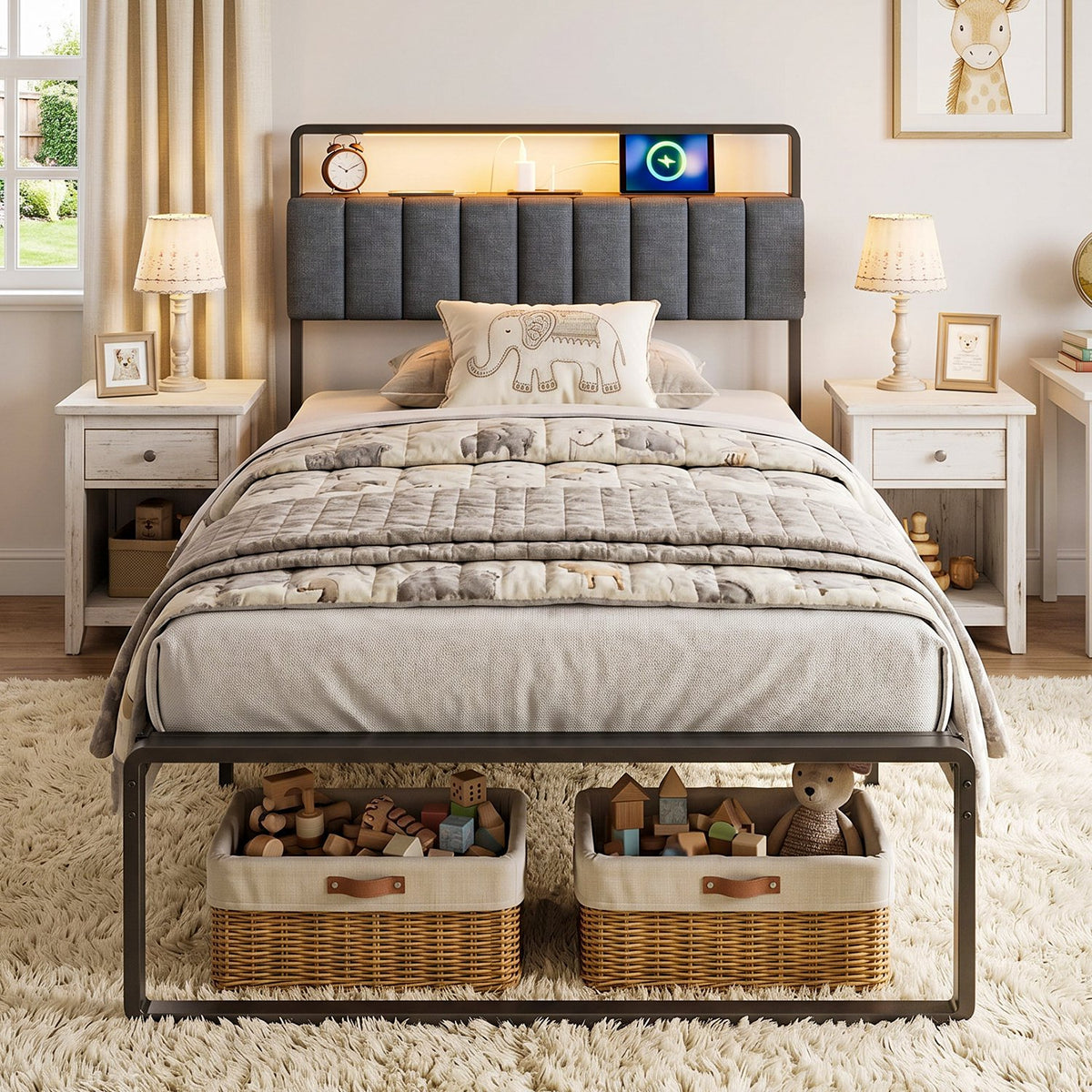 Tulib Twin Size Metal Bed Frame with Upholstered Headboard, RGB LED Lights & Charging Station, Heavy Duty Platform Bed with Under-Bed Storage, No Box Spring Needed, Easy Assembly