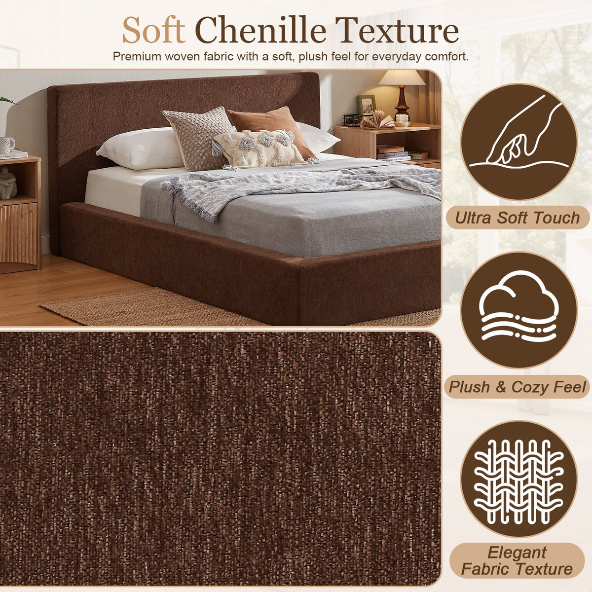 Tulib Queen Size Cloud Bed Frame with Upholstered Headboard, Chenille Fabric, Soft Rounded Edges, Brown