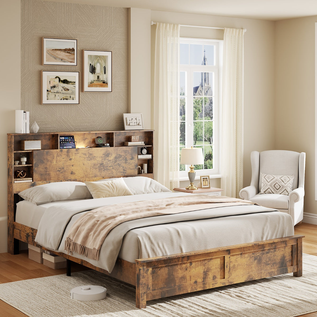 Tulib Queen Bed Frame with Bookcase Storage Headboard, Farmhouse Wood Platform Bed with LED Lights & Charging Station, No Box Spring Needed, Dark Brown
