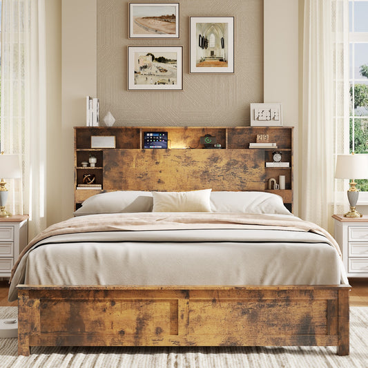 Tulib Queen Bed Frame with Bookcase Storage Headboard, Farmhouse Wood Platform Bed with LED Lights & Charging Station, No Box Spring Needed, Dark Brown