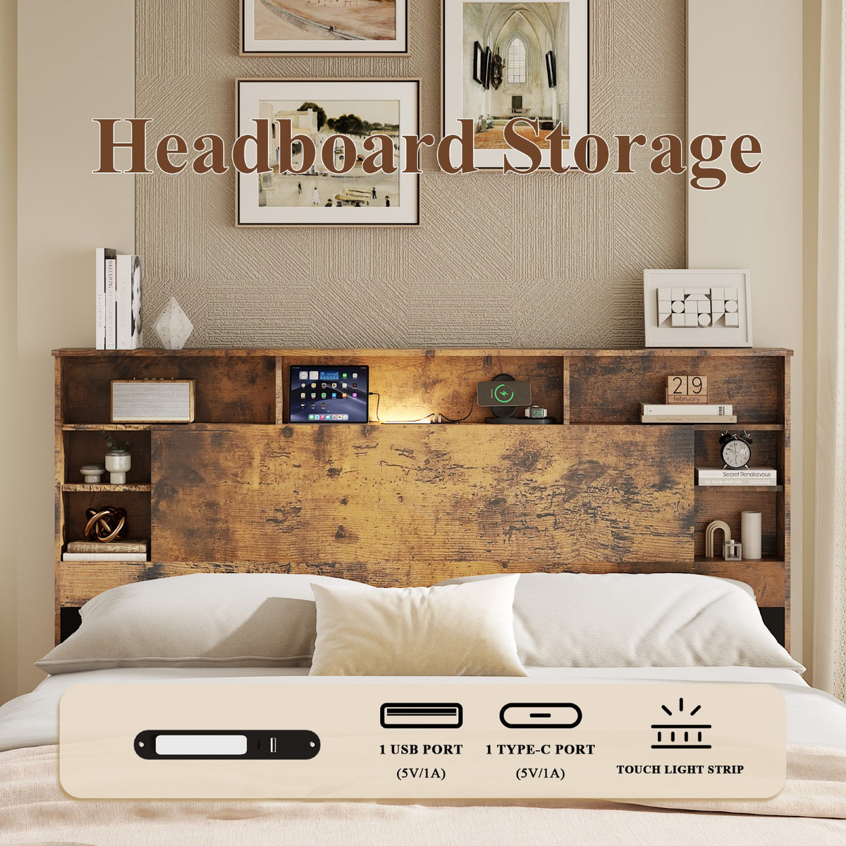 Tulib Queen Bed Frame with Bookcase Storage Headboard, Farmhouse Wood Platform Bed with LED Lights & Charging Station, No Box Spring Needed, Dark Brown