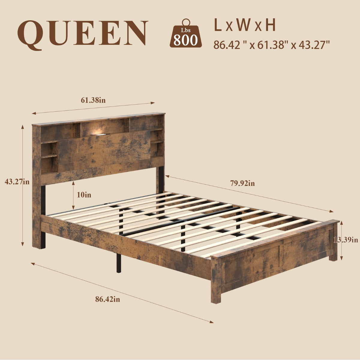 Tulib Queen Bed Frame with Bookcase Storage Headboard, Farmhouse Wood Platform Bed with LED Lights & Charging Station, No Box Spring Needed, Dark Brown