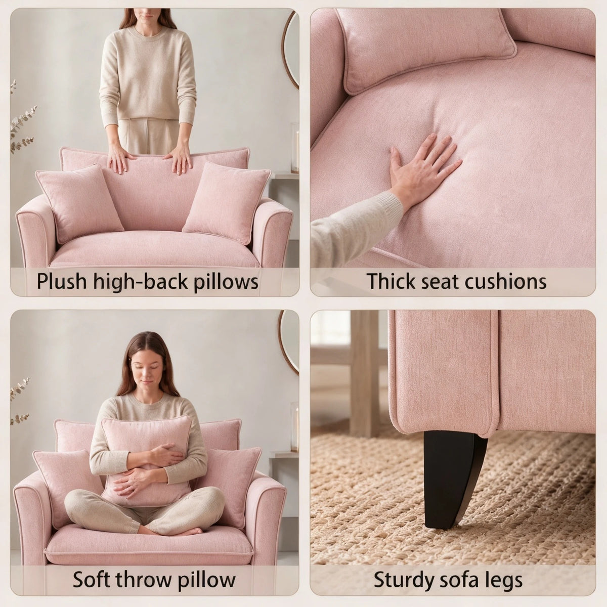 Tulib 46.5" Chenille Accent Chair, Reading Chair with Pillows, Modern Armchair for Living Room Bedroom Office and Small Spaces, Pink