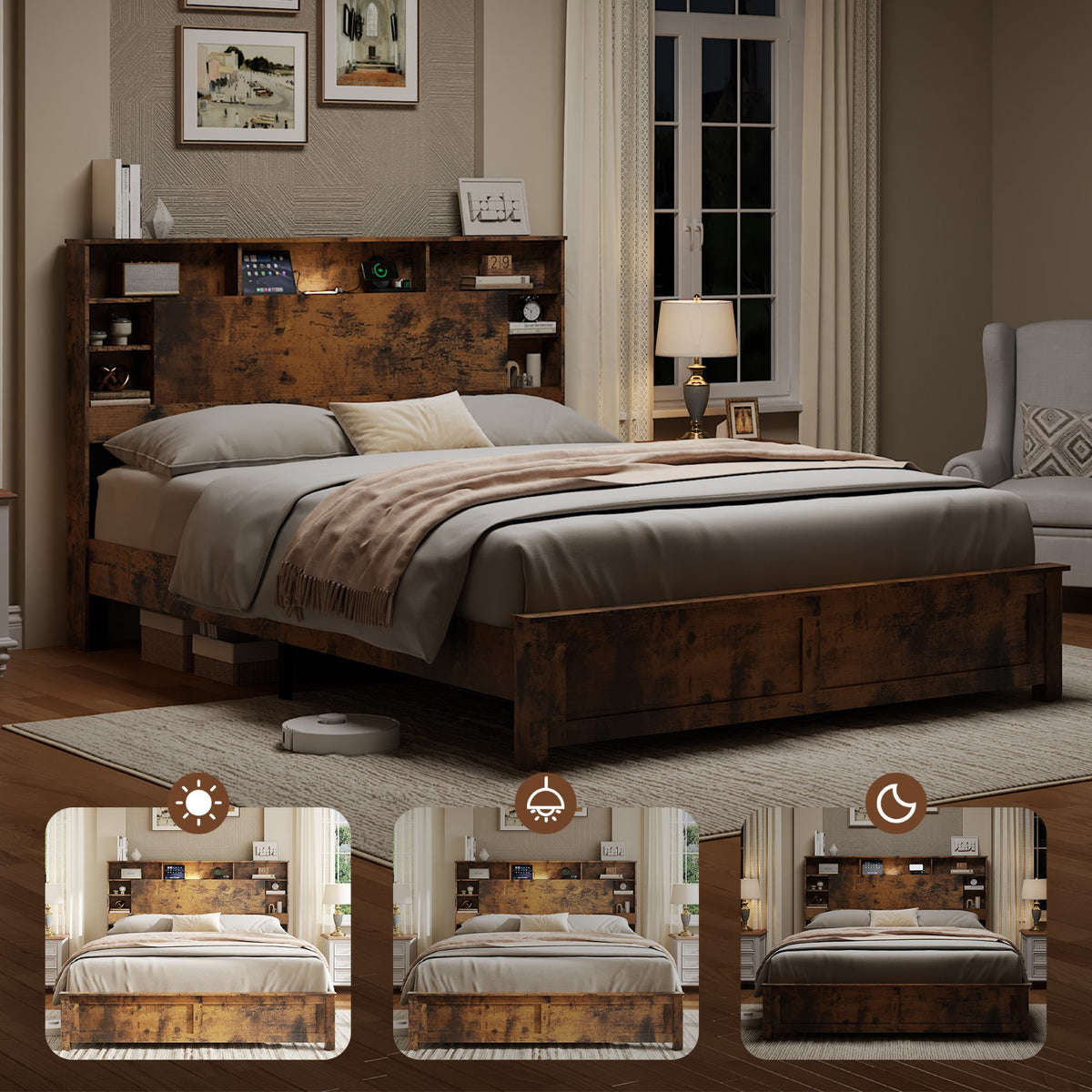 Tulib Queen Bed Frame with Bookcase Storage Headboard, Farmhouse Wood Platform Bed with LED Lights & Charging Station, No Box Spring Needed, Dark Brown