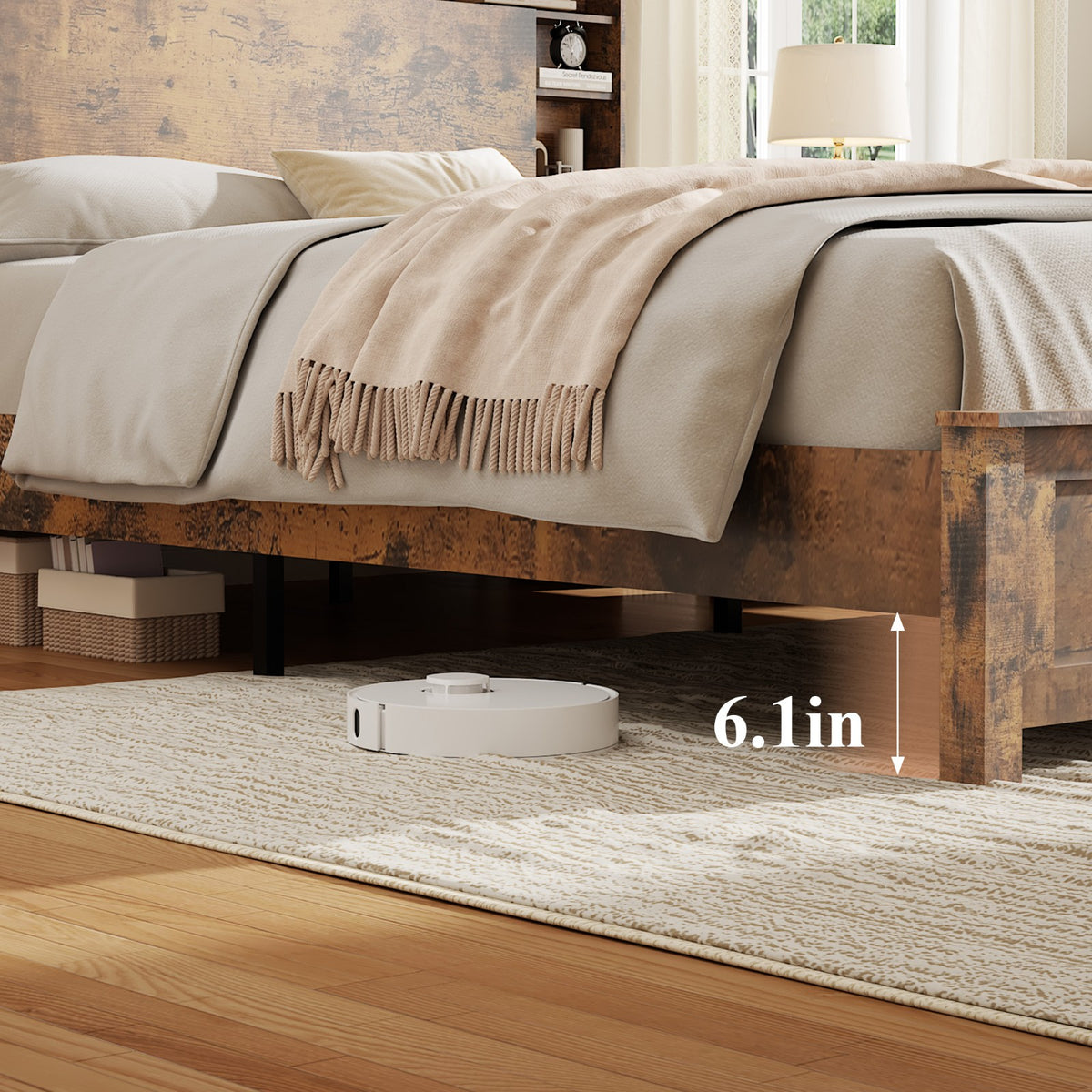Tulib Queen Bed Frame with Bookcase Storage Headboard, Farmhouse Wood Platform Bed with LED Lights & Charging Station, No Box Spring Needed, Dark Brown