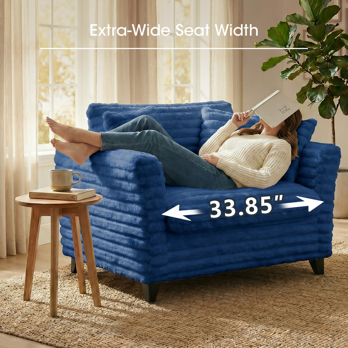 Tulib 46.5" Accent Chair, Corduroy Reading Chair with Pillows, Modern Arm Chair for Living Room Bedroom Office and Apartment, Blue