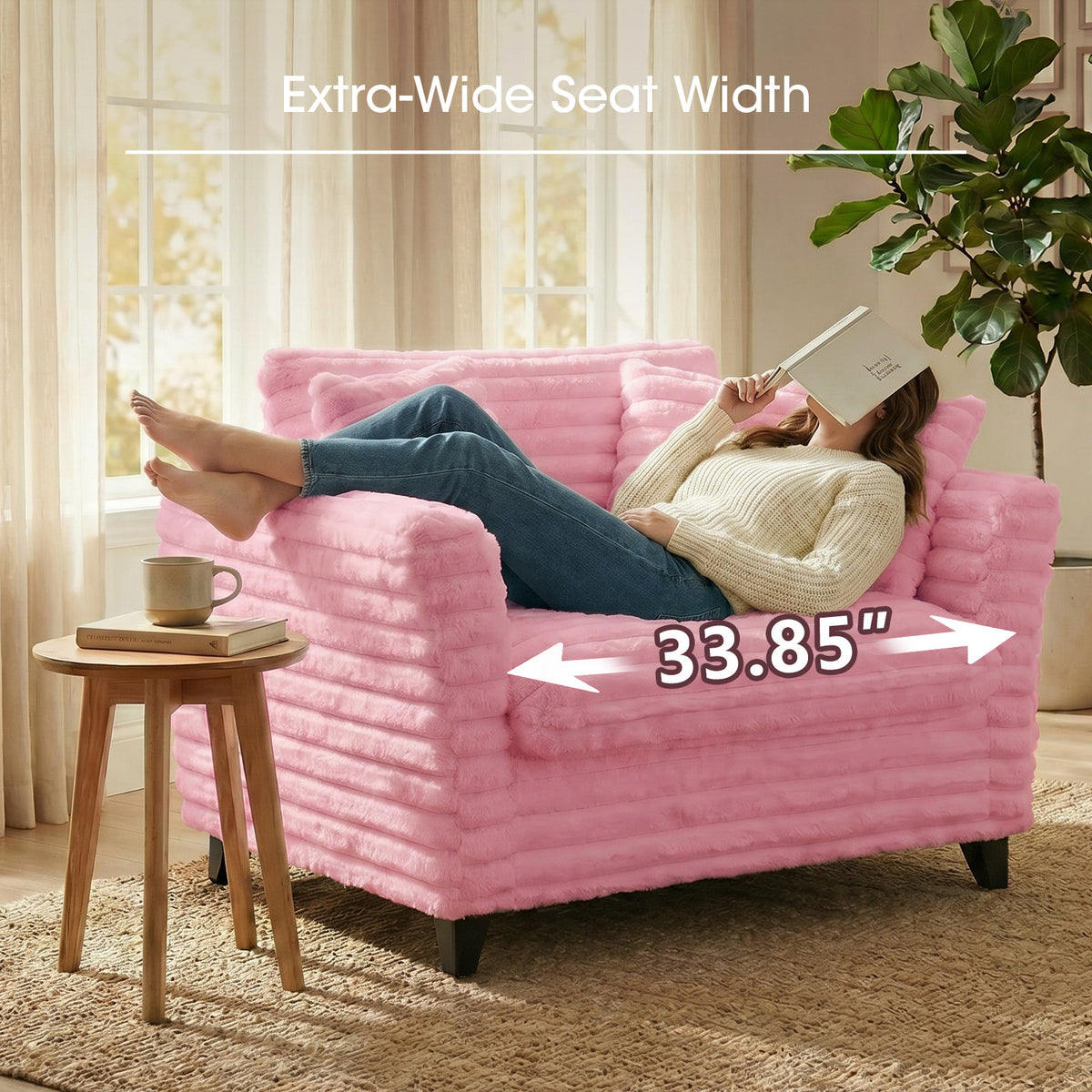 Tulib 46.5" Accent Chair, Corduroy Reading Chair with Pillows, Modern Arm Chair for Living Room Bedroom Office and Apartment, Pink