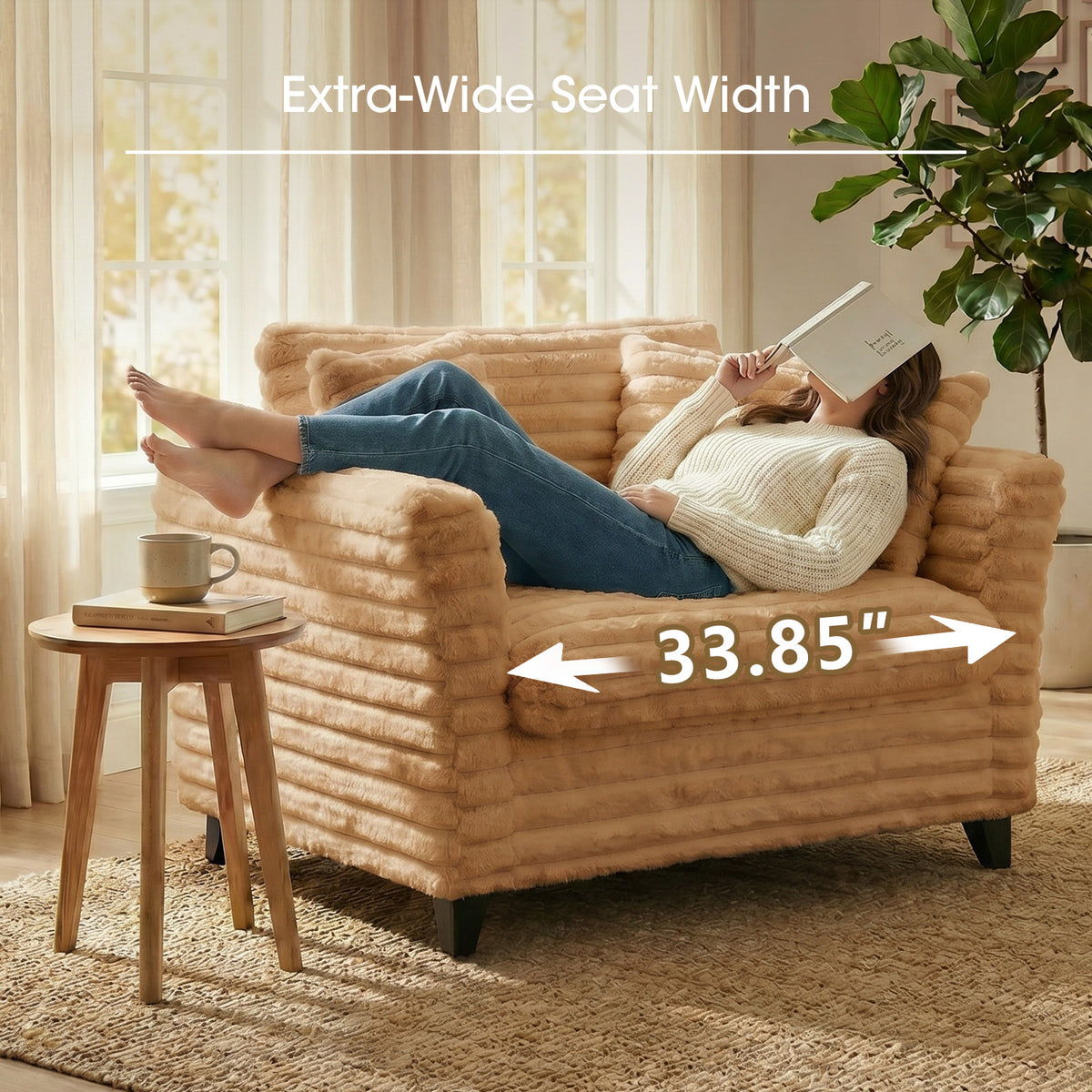 Tulib 46.5" Accent Chair, Corduroy Reading Chair with Pillows, Modern Arm Chair for Living Room Bedroom Office and Apartment, Light Brown
