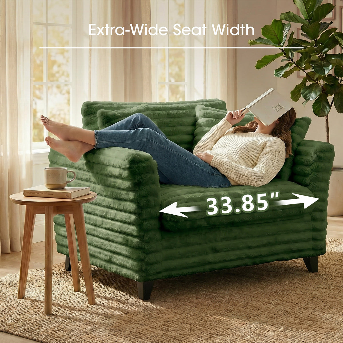 Tulib 46.5" Accent Chair, Corduroy Reading Chair with Pillows, Modern Arm Chair for Living Room Bedroom Office and Apartment, Green