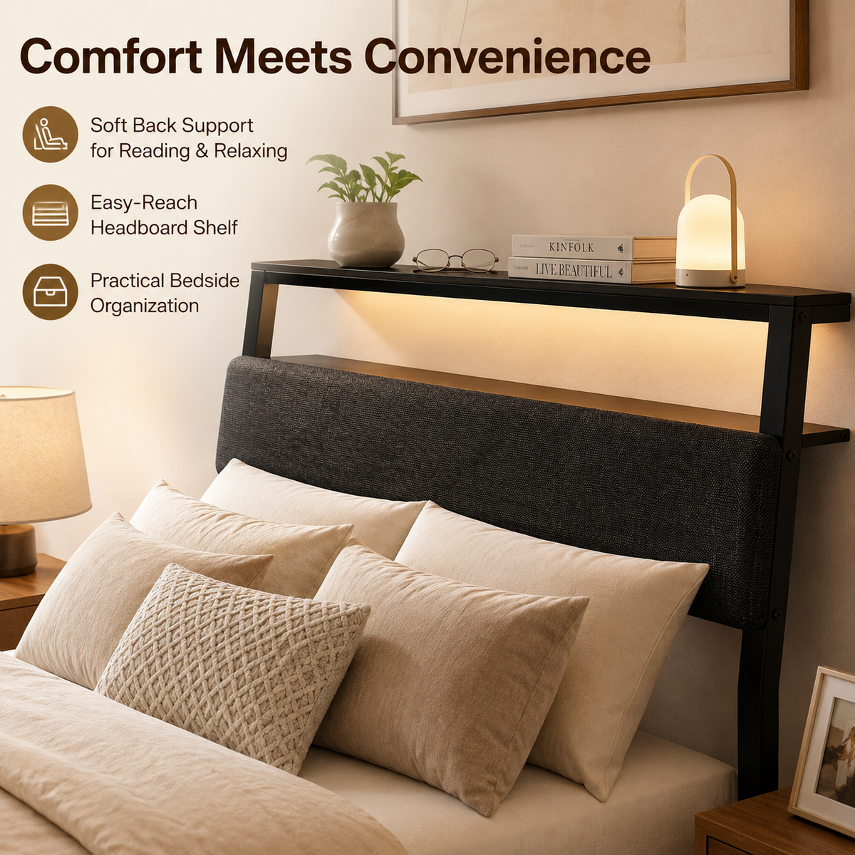 Tulib Twin Size Upholstered Bed Frame with Storage Headboard & Large Drawer, RGB LED Lights, Charging Station, Metal Platform Bed with Under-Bed Storage, No Box Spring Needed, Black