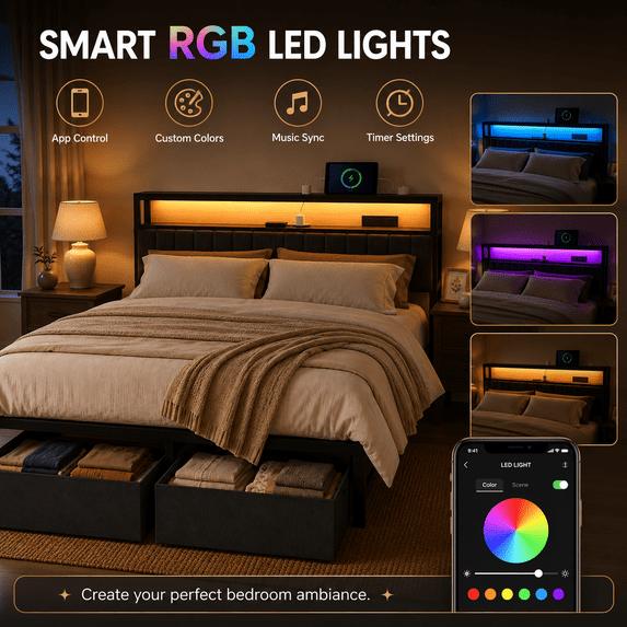 Tulib Queen Size Upholstered Bed Frame with Storage Headboard & Large Drawer, RGB LED Lights, Charging Station, Metal Platform Bed with Under-Bed Storage, No Box Spring Needed, Black
