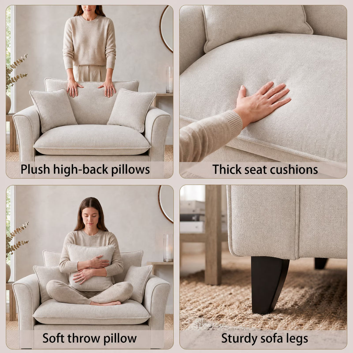 Tulib 46.5" Reading Chair, Chenille Accent Chair for Living Room Bedroom Office and Small Spaces, Modern Armchair with Pillows for Adults, Beige