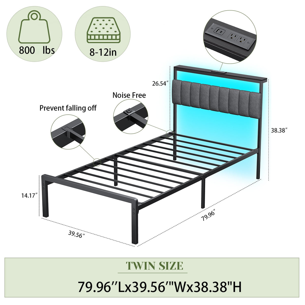Tulib Twin Size Bed Frame, Upholstered Twin Bed with Headboard LED Lights, Charging Station, UnderBed Storage, No Box Spring Need, Easy Assembly