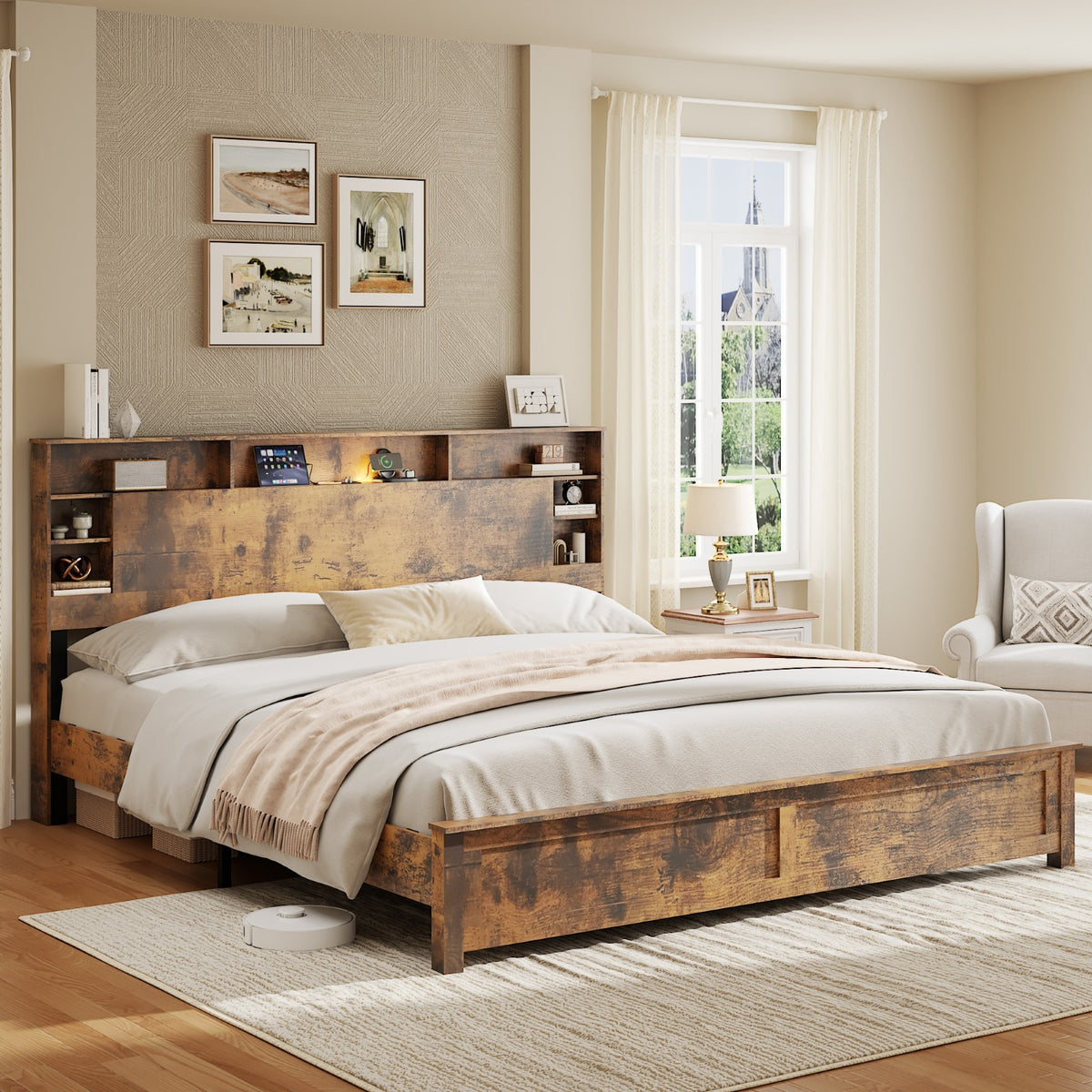 Tulib King Bed Frame with Bookcase Storage Headboard, Farmhouse Wood Platform Bed with LED Lights & Charging Station, No Box Spring Needed, Dark Brown