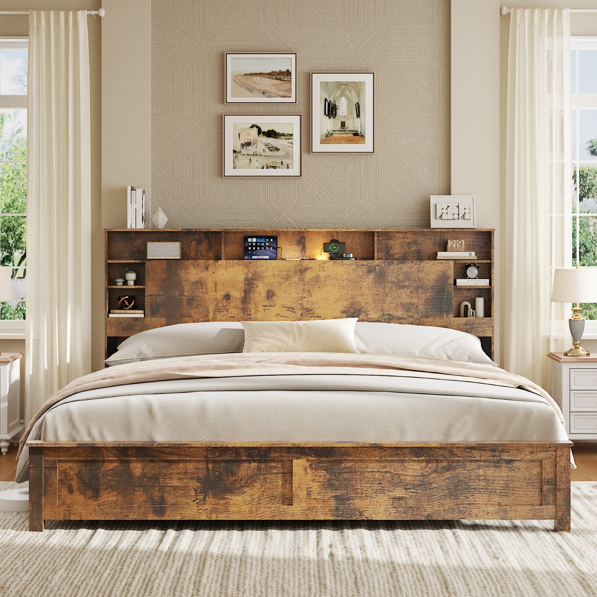 Tulib King Bed Frame with Bookcase Storage Headboard, Farmhouse Wood Platform Bed with LED Lights & Charging Station, No Box Spring Needed, Dark Brown
