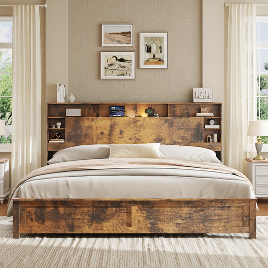 Tulib King Bed Frame with Bookcase Storage Headboard, Farmhouse Wood Platform Bed with LED Lights & Charging Station, No Box Spring Needed, Dark Brown