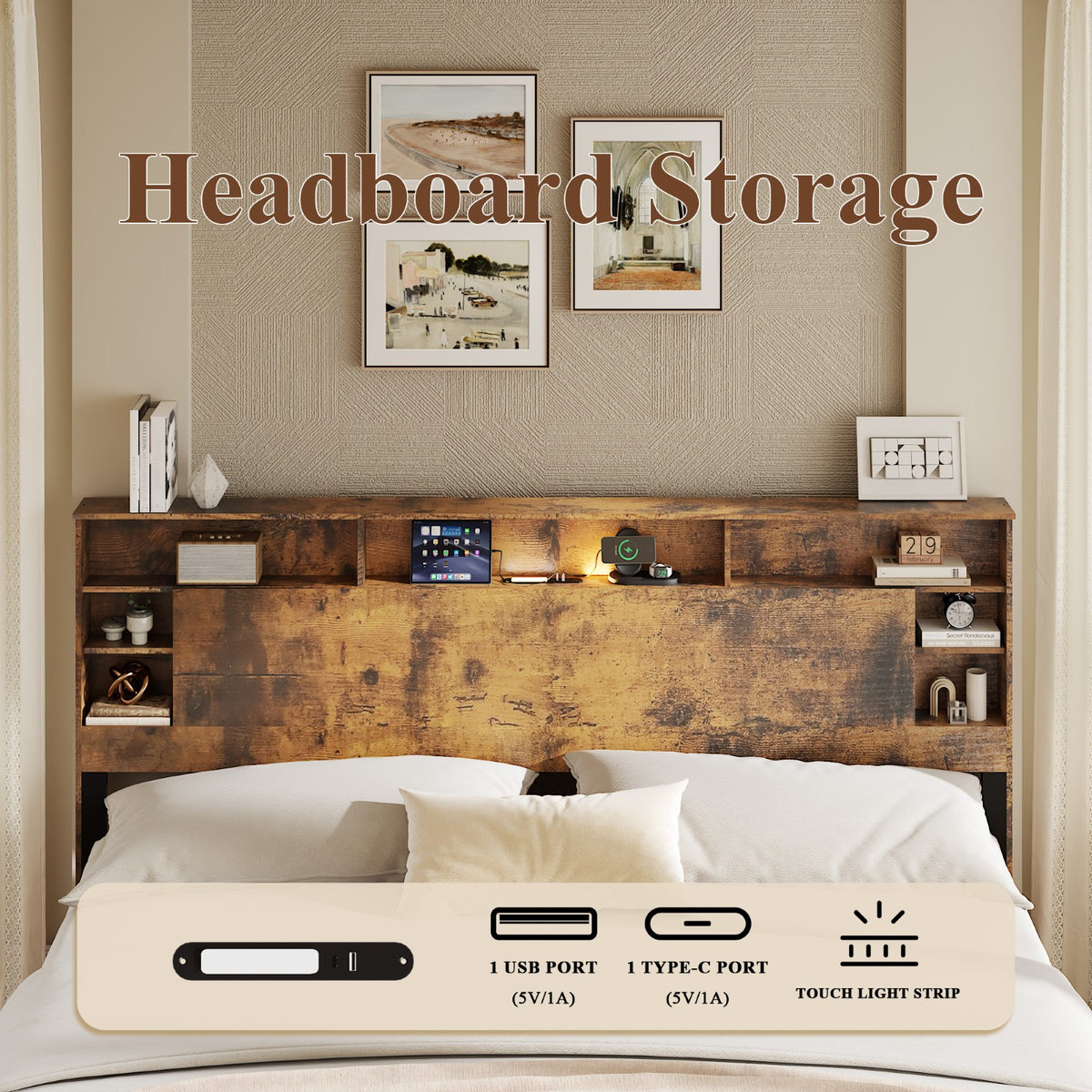 Tulib King Bed Frame with Bookcase Storage Headboard, Farmhouse Wood Platform Bed with LED Lights & Charging Station, No Box Spring Needed, Dark Brown