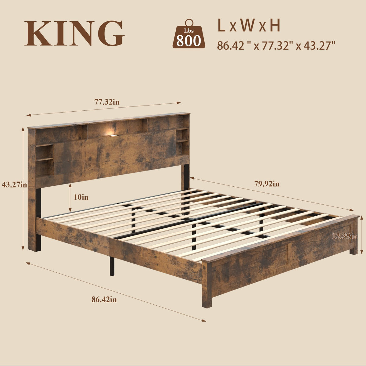 Tulib King Bed Frame with Bookcase Storage Headboard, Farmhouse Wood Platform Bed with LED Lights & Charging Station, No Box Spring Needed, Dark Brown