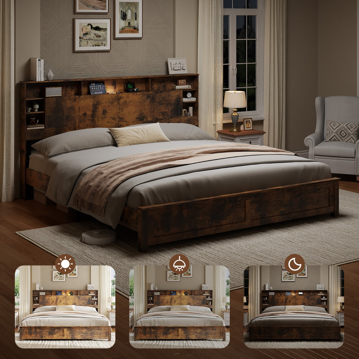 Tulib King Bed Frame with Bookcase Storage Headboard, Farmhouse Wood Platform Bed with LED Lights & Charging Station, No Box Spring Needed, Dark Brown