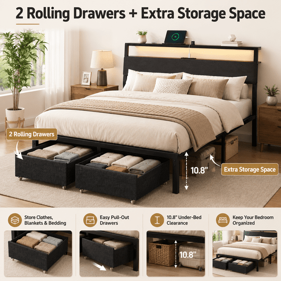 Tulib Twin Size Upholstered Bed Frame with Storage Headboard & Large Drawer, RGB LED Lights, Charging Station, Metal Platform Bed with Under-Bed Storage, No Box Spring Needed, Black