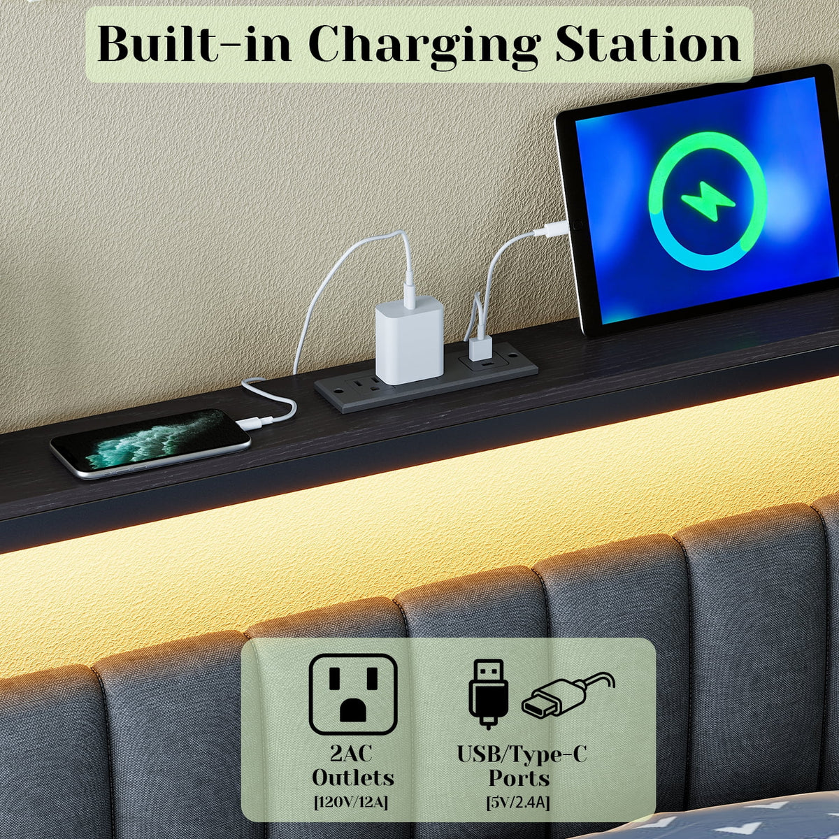 Tulib Queen Bed Frame, Queen Size Platform Bed Frame with Headboard, Underbed Storaeg and Charging Station, Upholstered Queen Bed Frame, No Box Spring, 800lbs, Easy Assembly