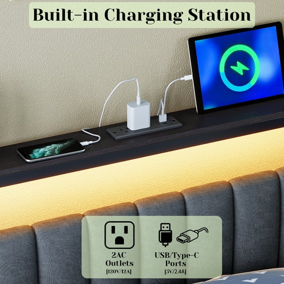 Tulib Twin Size Bed Frame, Upholstered Twin Bed with Headboard LED Lights, Charging Station, UnderBed Storage, No Box Spring Need, Easy Assembly