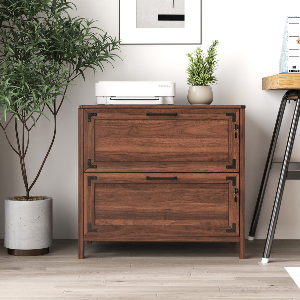 Tulib 2 Drawer File Cabinet with Lock, Wood Filing Cabinet for Home Office, Office Storage Cabinet for Letter/Legal/A4, Walnut
