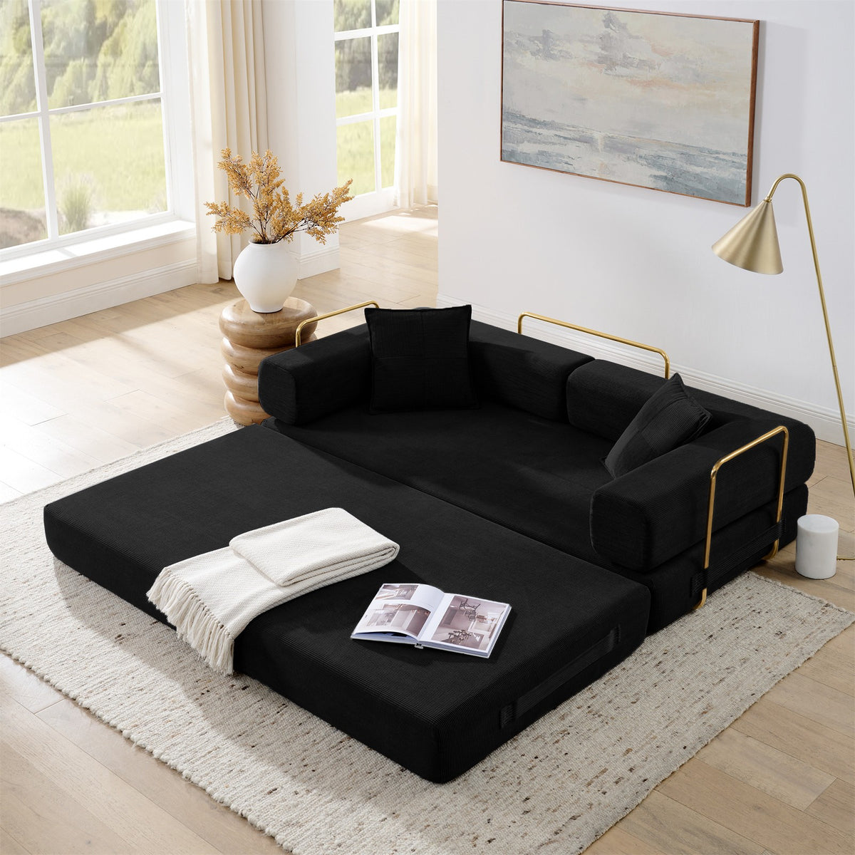 Tulib 79'' Convertible Sofa Bed, Folding Boneless Couch with Fixed-Shape Frame and Pillows for Living Room Bedroom Guest Room, No Assembly, Black