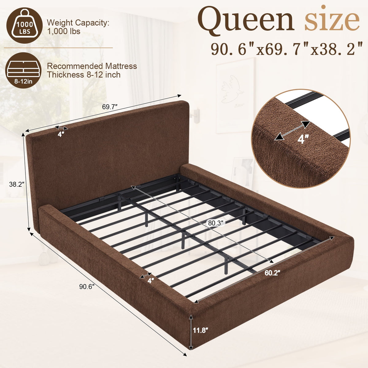 Tulib Queen Size Cloud Bed Frame with Upholstered Headboard, Chenille Fabric, Soft Rounded Edges, Brown