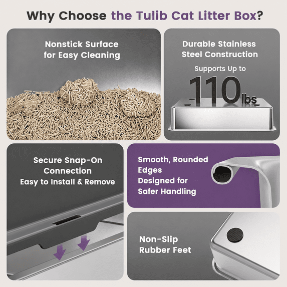 Tulib 26" Stainless Steel Cat Litter Box, Open Top Kitten Litter Box, with High Sides, Litter Mat and Scoop, Gray