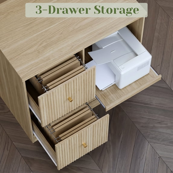Tulib 3 Drawer File Cabinet with Charging Station, 31.5" Wood Printer Stand with Pull-Out Open Shelves for Home Offices, Natural