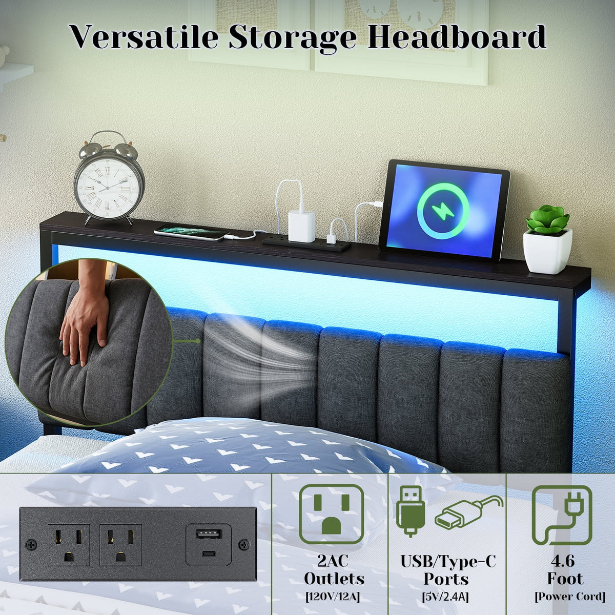 Tulib Full Size Bed Frame, with 38" Headboard LED lights, Charging Station, Upholstered Bed Frame with Under Bed Storage, No Box Spring Need, Easy Assembly
