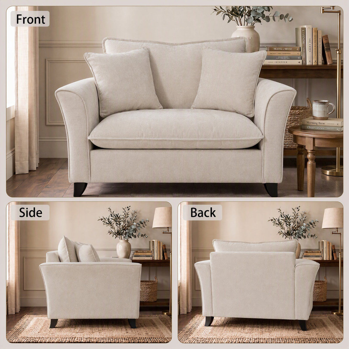 Tulib 46.5" Reading Chair, Chenille Accent Chair for Living Room Bedroom Office and Small Spaces, Modern Armchair with Pillows for Adults, Beige