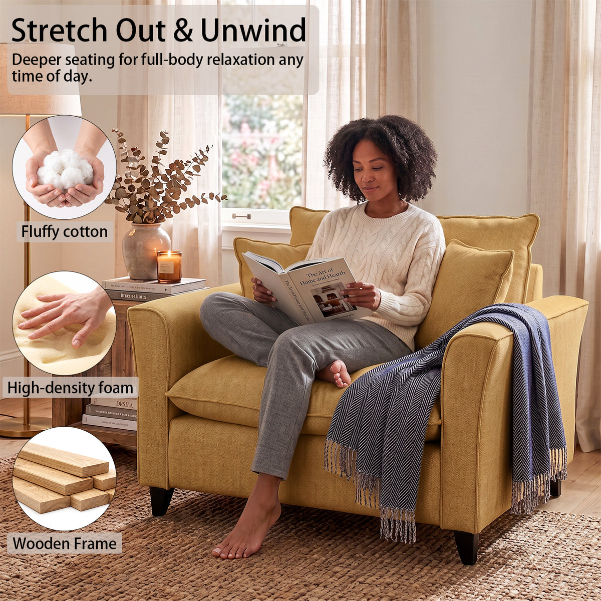 Tulib 46.5" Chenille Accent Chair, Reading Chair with Pillows, Modern Armchair for Living Room Bedroom Office and Small Spaces, Yellow