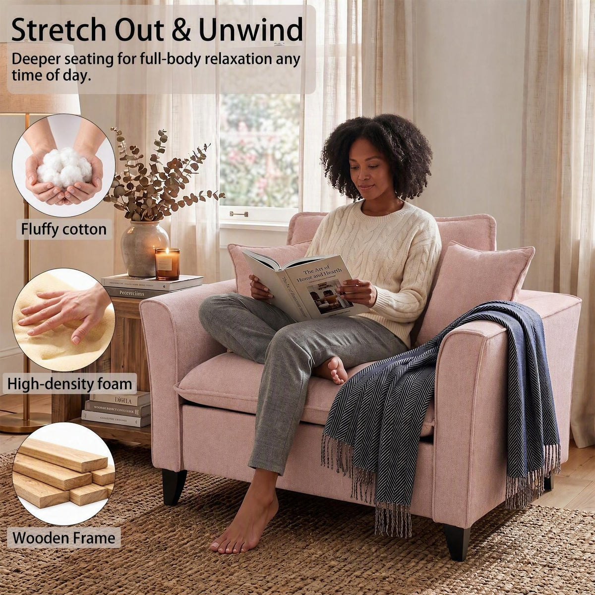 Tulib 46.5" Chenille Accent Chair, Reading Chair with Pillows, Modern Armchair for Living Room Bedroom Office and Small Spaces, Pink