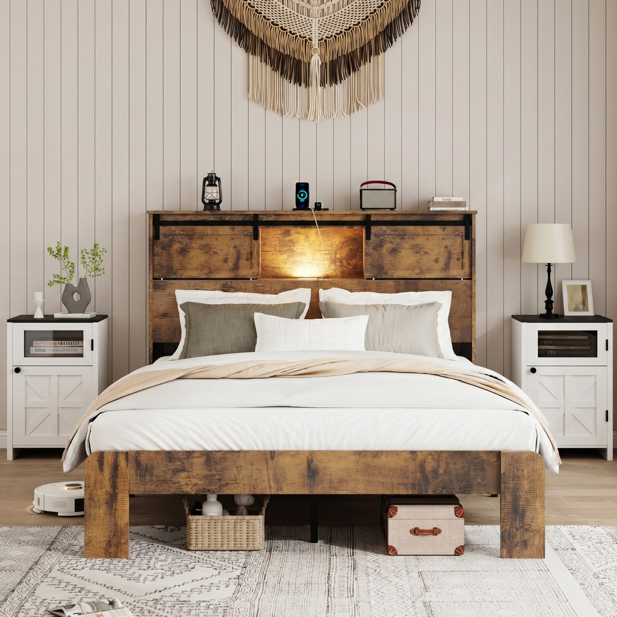 Tulib Queen Size Bed Frame with Storage Bookcase Headboard, Platform Bedframe with LED Lights, Charging Station and Sliding Barn Door, No Box Spring Needed, Dark Brown