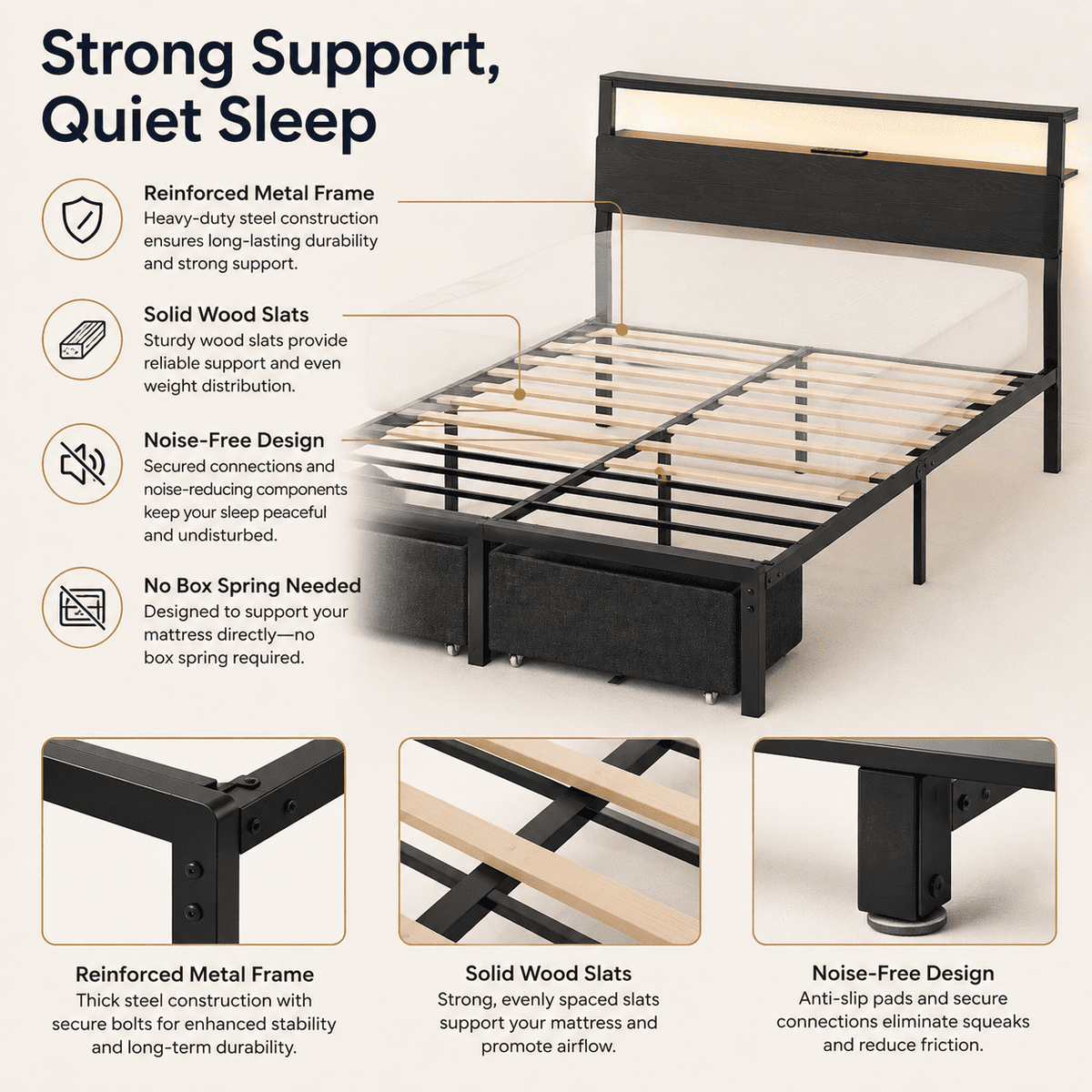 Tulib Twin Size Upholstered Bed Frame with Storage Headboard & Large Drawer, RGB LED Lights, Charging Station, Metal Platform Bed with Under-Bed Storage, No Box Spring Needed, Black