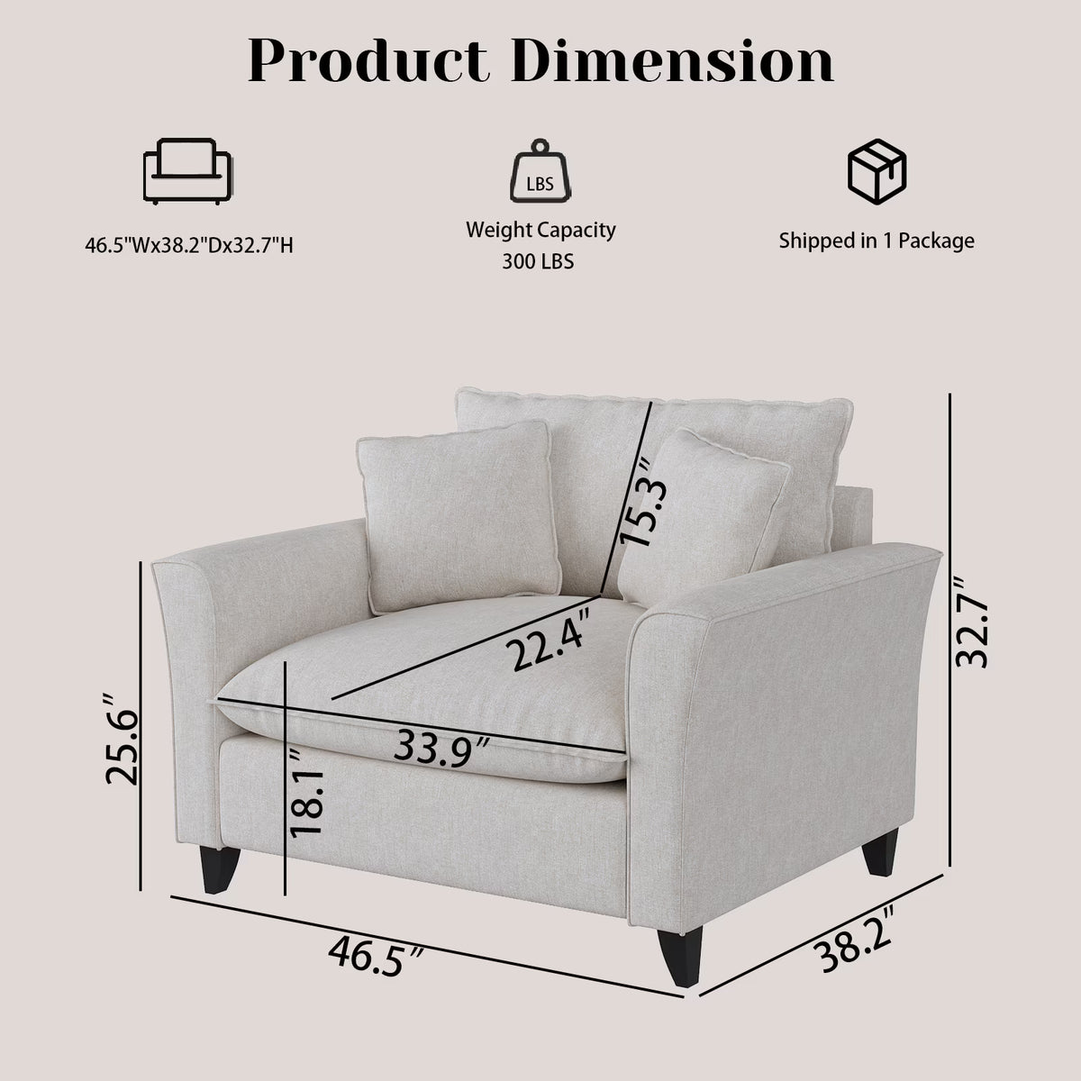 Tulib 46.5" Reading Chair, Chenille Accent Chair for Living Room Bedroom Office and Small Spaces, Modern Armchair with Pillows for Adults, Beige