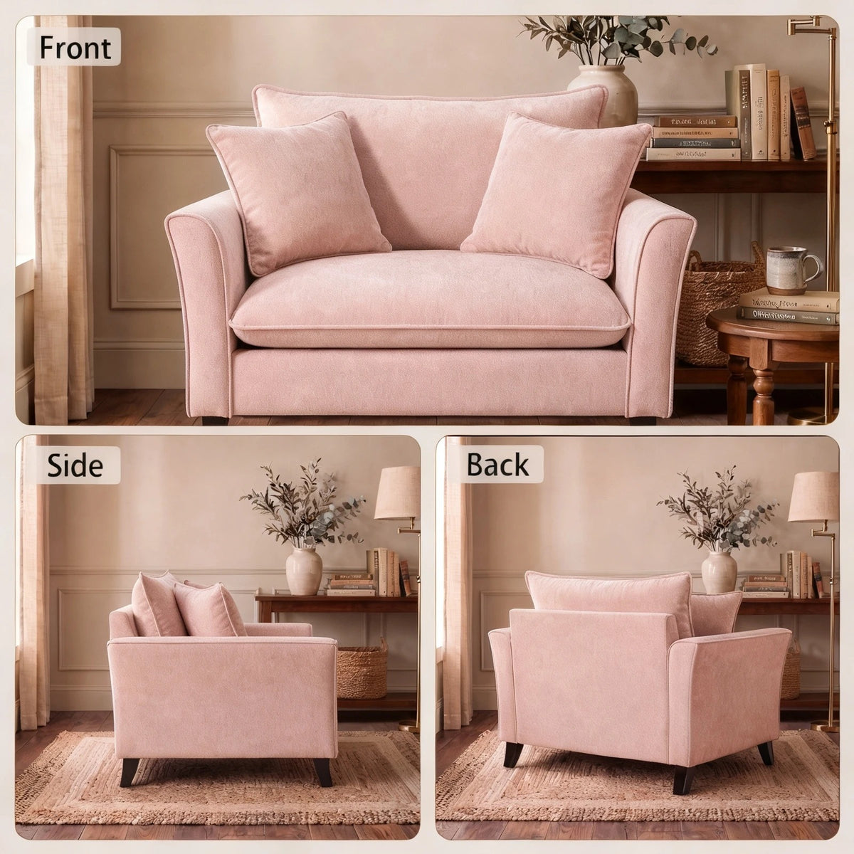 Tulib 46.5" Chenille Accent Chair, Reading Chair with Pillows, Modern Armchair for Living Room Bedroom Office and Small Spaces, Pink
