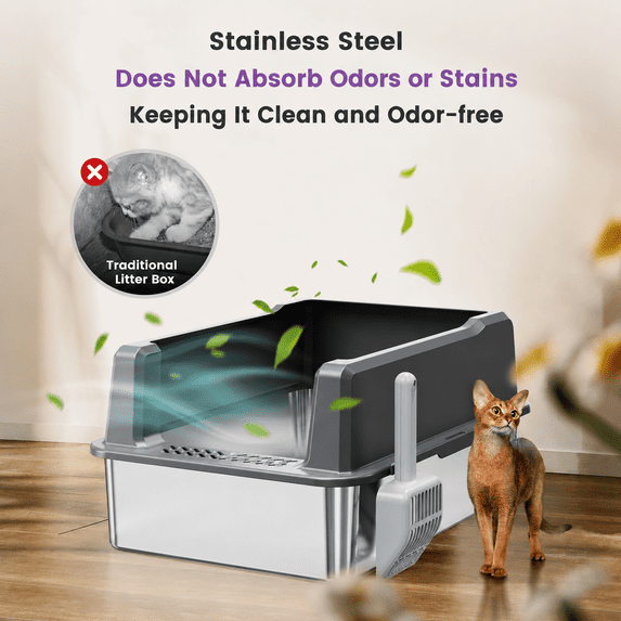 Tulib 26" Stainless Steel Cat Litter Box, Open Top Kitten Litter Box, with High Sides, Litter Mat and Scoop, Gray