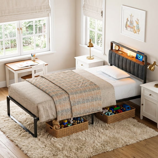 Tulib Twin Size Metal Bed Frame with Upholstered Headboard, RGB LED Lights & Charging Station, Heavy Duty Platform Bed with Under-Bed Storage, No Box Spring Needed, Easy Assembly