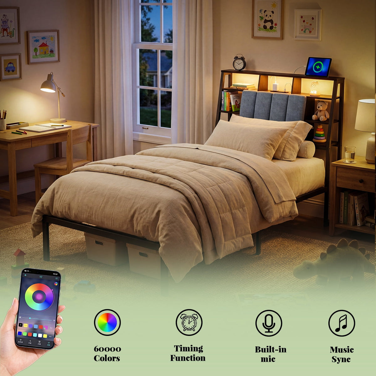 Tulib Twin Bed Frame with Underbed Storage, Upholstered Platform Twin Size Bed Frame, LED Storage Headboard, Charging Station, No Box Spring Needed, 800lbs Capacity, Easy Assembly