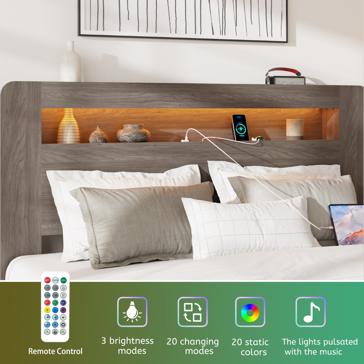 Tulib Queen Bed Frame with 2-Tier Storage Headboard, Wood Platform Bed with LED Lights and Charging Station, No Box Spring Needed, Dark Gray