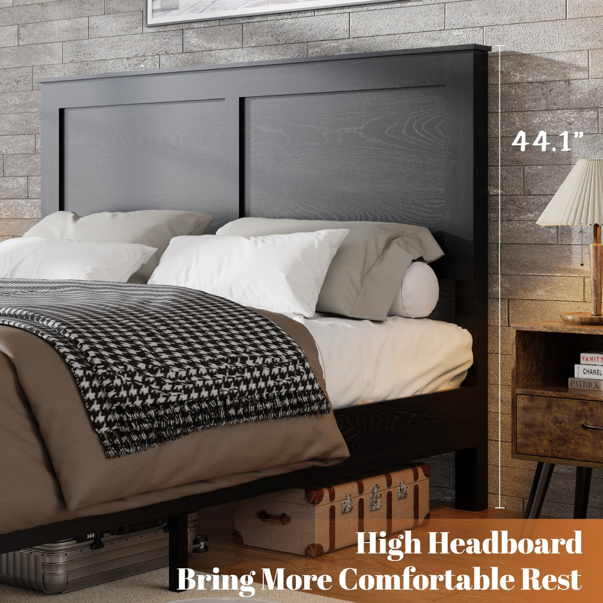 Tulib Queen Wood Bed Frame with Headboard, Farmhouse Platform Bed, Noise-Free, Easy Assembly, No Box Spring Needed, Black