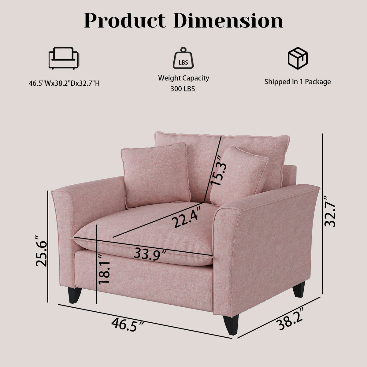 Tulib 46.5" Chenille Accent Chair, Reading Chair with Pillows, Modern Armchair for Living Room Bedroom Office and Small Spaces, Pink