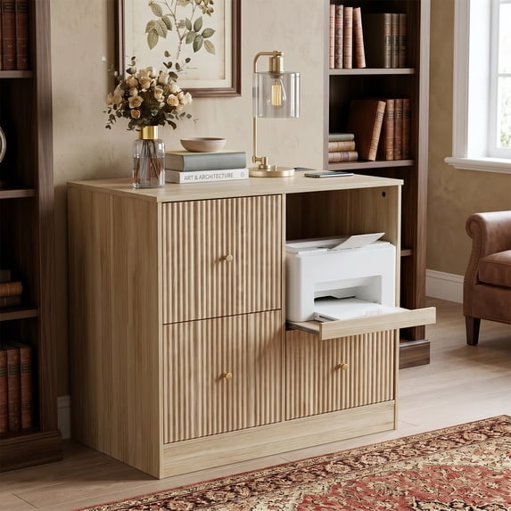 Tulib 3 Drawer File Cabinet with Charging Station, 31.5" Wood Printer Stand with Pull-Out Open Shelves for Home Offices, Natural