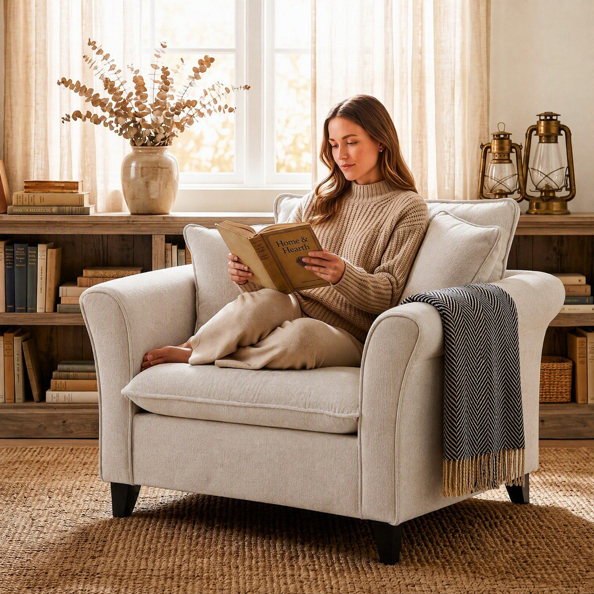 Tulib 46.5" Reading Chair, Chenille Accent Chair for Living Room Bedroom Office and Small Spaces, Modern Armchair with Pillows for Adults, Beige